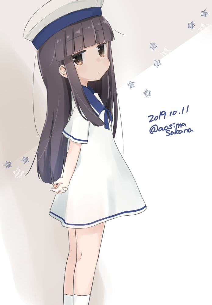 1girl, alternate_costume, aoshima_sakana, artist_name, black_hair, blue_sailor_collar, blush, brown_eyes