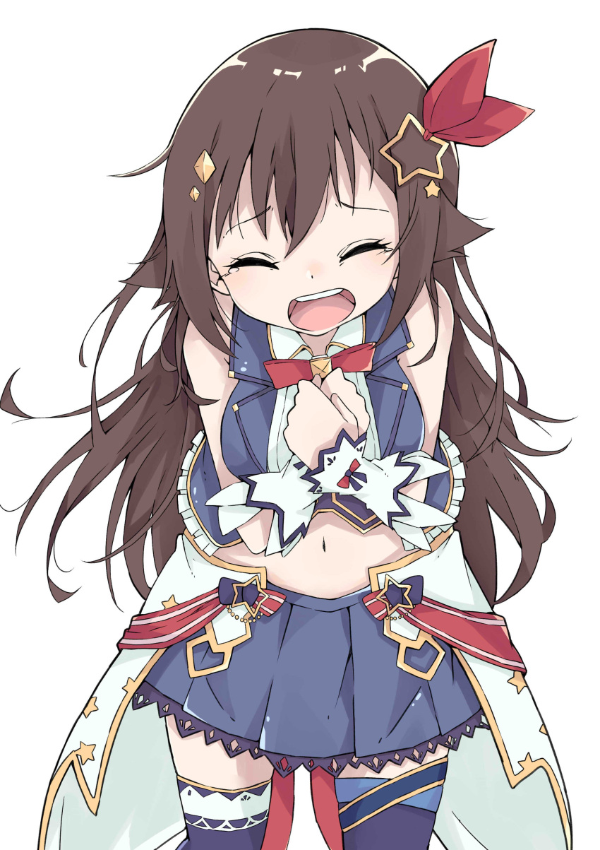 1girl, absurdres, bangs, bare_shoulders, blue_legwear, blue_skirt, blue_vest, bow
