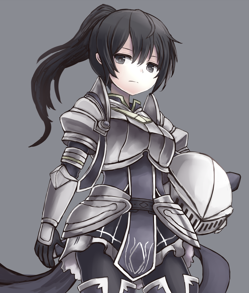 1girl, aoiyamagi4, armor, bangs, black_eyes, black_footwear, black_gloves, boots, expressionless, gloves, grey_background, headwear_removed, helmet, helmet_removed, holding, holding_helmet, lieselotte_(sennen_sensou_aigis), long_hair, looking_at_viewer, ponytail, sennen_sensou_aigis, simple_background, solo, standing, thigh-highs, thigh_boots