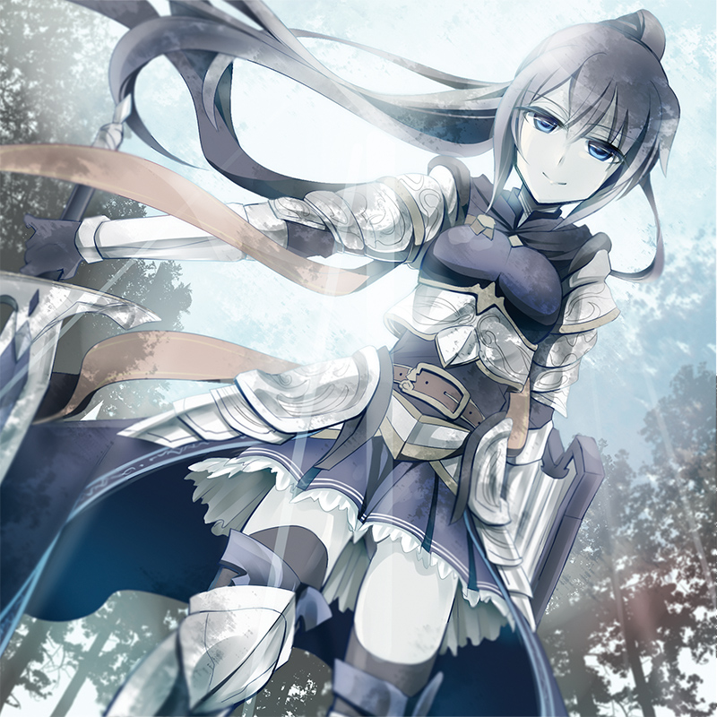 1girl, armor, belt, blue_eyes, brown_hair, day, greaves, holding