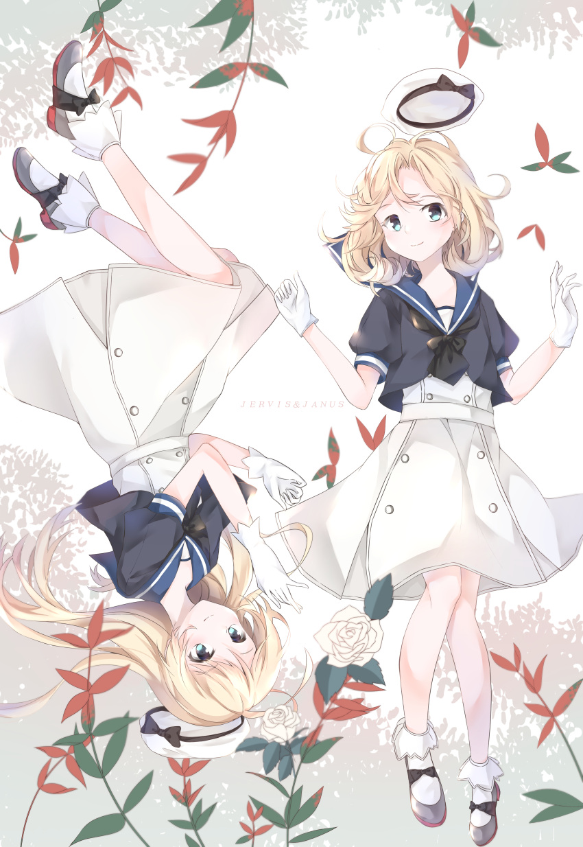 2girls, absurdres, black_neckwear, blonde_hair, blue_eyes, blue_sailor_collar, dress, full_body