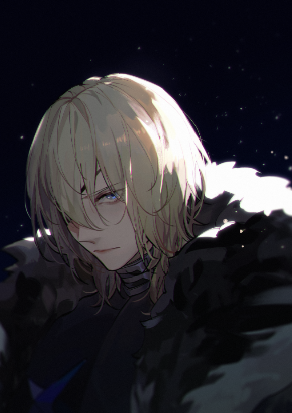 1boy, amenohi, armor, black_background, blonde_hair, blue_eyes, dimitri_alexandre_blaiddyd, eyepatch, fire_emblem, fire_emblem:_three_houses, fur_trim, male_focus, solo, sparkle, upper_body