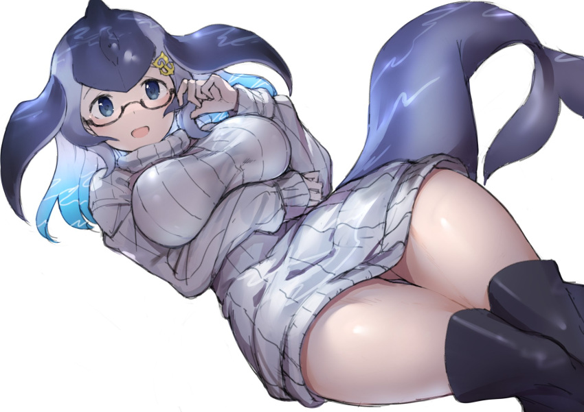 1girl, anchor_hair_ornament, aqua_hair, blowhole, blue_eyes, blue_whale_(kemono_friends), blush, boots