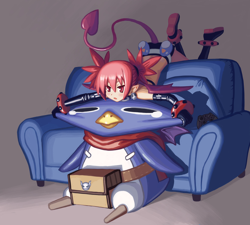 1girl, 1other, anklet, beak, bird, black_footwear, black_gloves, boots, bored, bullying, cheek_pull, commentary, controller, couch, demon_tail, demon_wings, disgaea, earrings, elbow_gloves, english_commentary, etna, full_body, game_controller, gamepad, gloves, hair_pulled_back, highres, jewelry, knee_boots, medium_hair, mini_wings, nonneim, peg_leg, penguin, pointy_ears, pouch, prinny, red_eyes, red_scarf, redhead, scarf, shorts, skull_earrings, slit_pupils, studded_anklet, studded_bracelet, tail, tears, wings