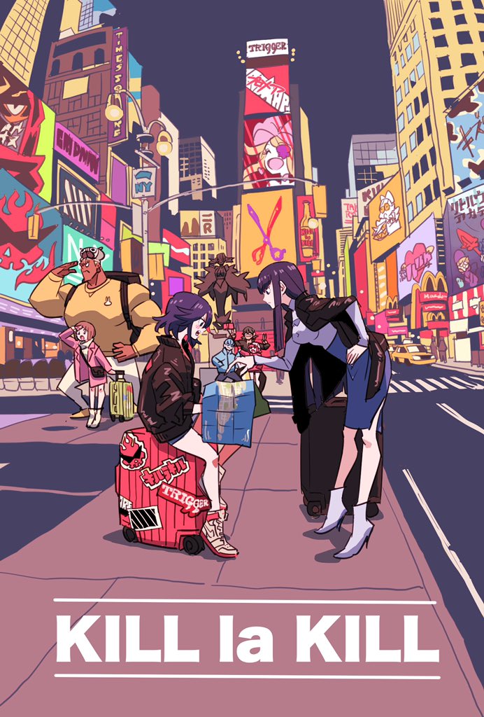 3boys, 4girls, ankle_boots, black_hair, bomber_jacket, boots, cameo, casual, cityscape, company_connection, couple, gamagoori_ira, harime_nui, height_difference, high-waist_skirt, high_heel_boots, high_heels, holiday, inumuta_houka, jacket, jacket_on_shoulders, jakuzure_nonon, kill_la_kill, kiryuuin_ragyou, kiryuuin_satsuki, leaning_forward, mankanshoku_mako, map, matoi_ryuuko, mcdonald's, multiple_boys, multiple_girls, neon_lights, new_york, pose, ryosuketarou, sanageyama_uzu, self_shot, shoes, skirt, sneakers, statue, stiletto_heels, suitcase, trigger_(company)