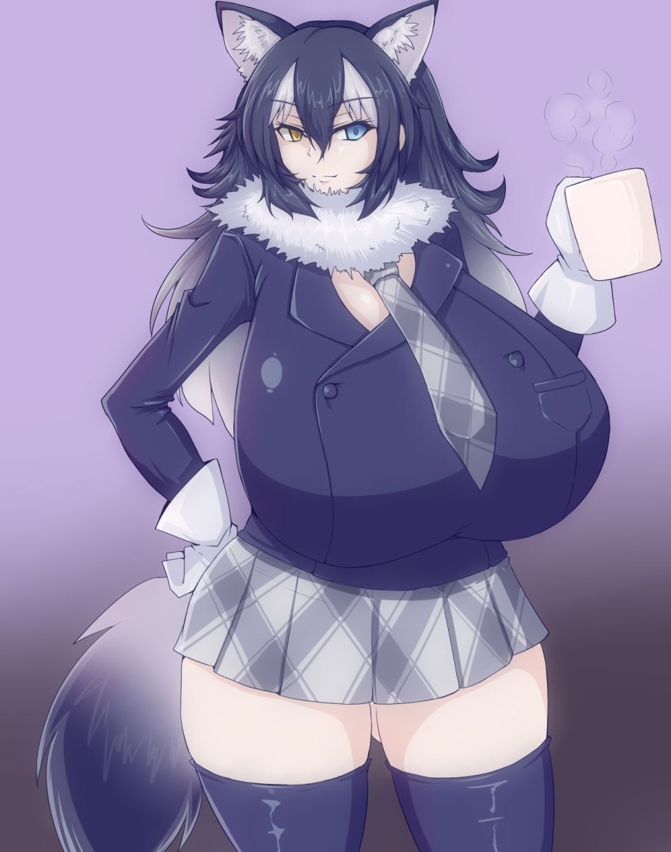 1girl, bad_anatomy, breasts, cup, curvy, fur_collar, gigantic_breasts, gloves