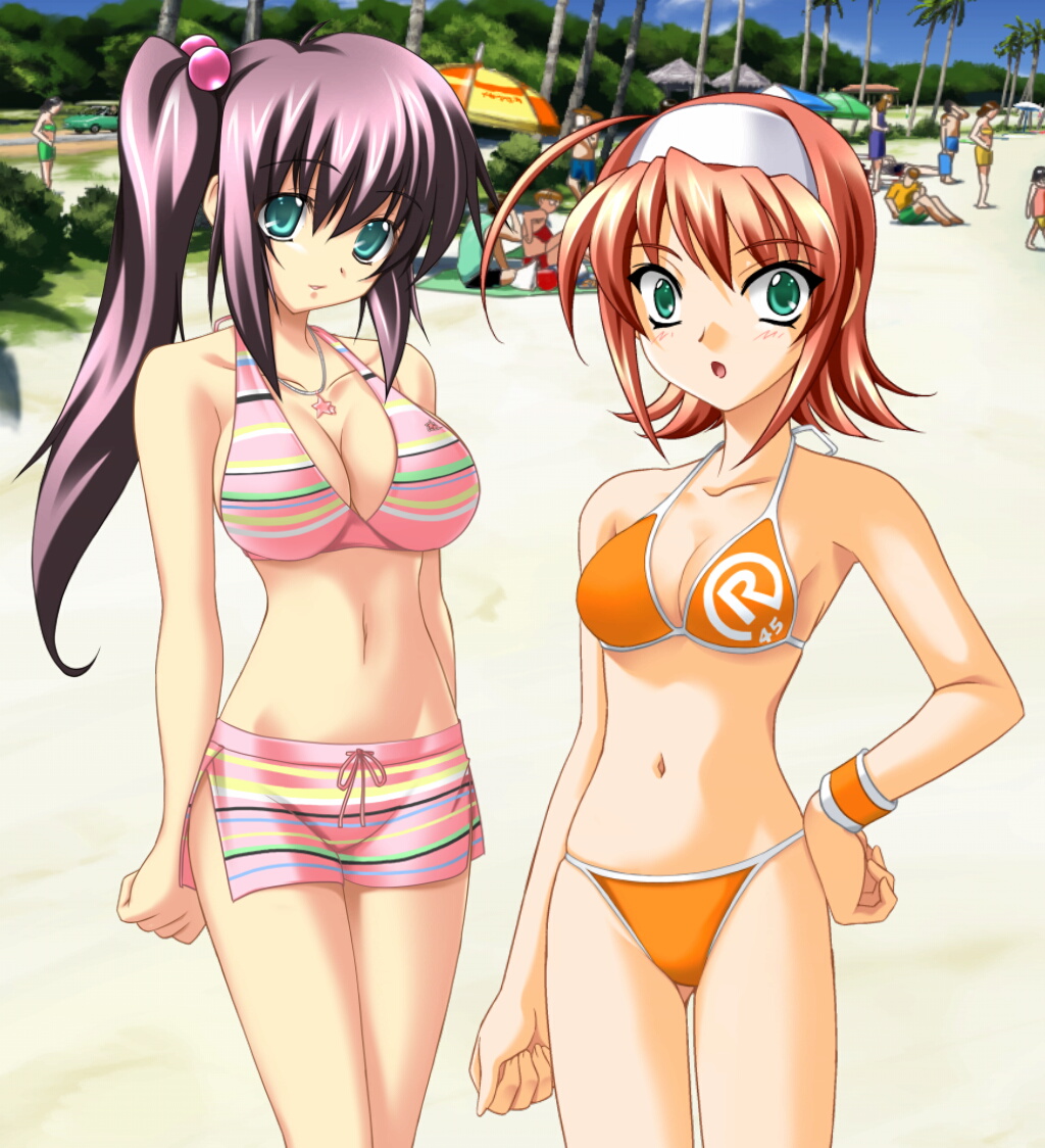 :o, ahoge, bikini, breasts, cleavage, green_eyes, hair_bobbles, hair_ornament