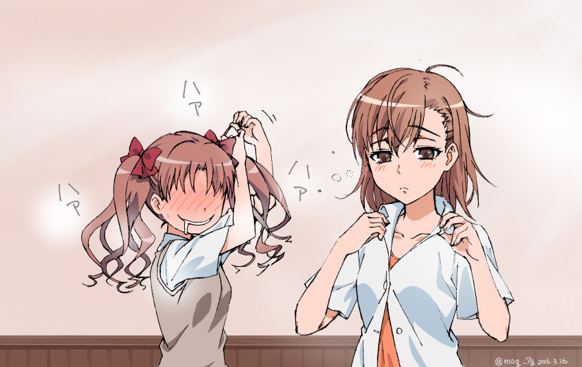 2girls, absurdres, beige_vest, blush, bow, brown_eyes, brown_hair, dressing