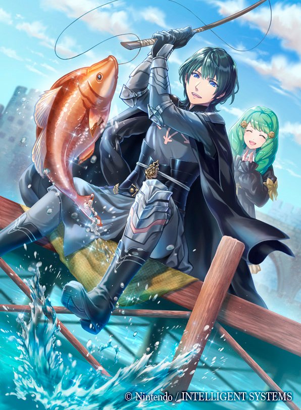 1boy, 1girl, armor, black_armor, black_cape, blue_eyes, blue_hair, blue_sky, byleth_(fire_emblem), byleth_eisner_(male), cape, closed_eyes, clouds, company_name, copyright_name, day, fire_emblem, fire_emblem:_three_houses, fire_emblem_cipher, fish, fishing, fishing_rod, flayn_(fire_emblem), garreg_mach_monastery_uniform, green_hair, hair_ornament, holding, holding_fishing_rod, kazura_enji, long_hair, long_sleeves, official_art, open_mouth, outdoors, pier, short_hair, sitting, sky, uniform, water