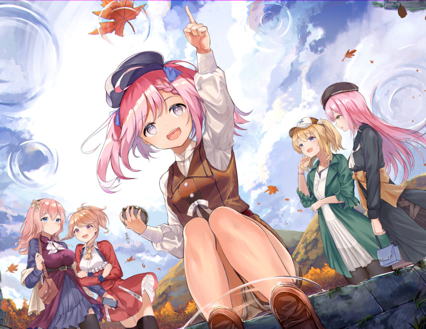 5girls, :d, autumn_leaves, azur_lane, bag, bangs, baseball_cap, belt