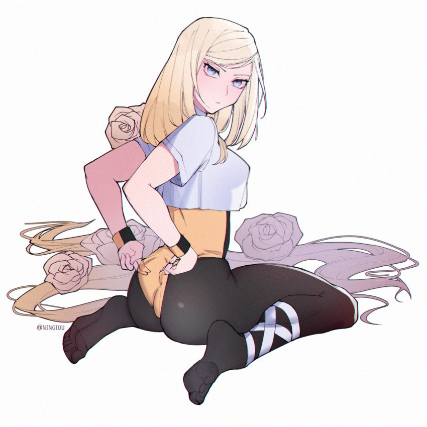 1girl, ass, black_legwear, blonde_hair, blue_eyes, flower, guilty_gear, guilty_gear_xrd