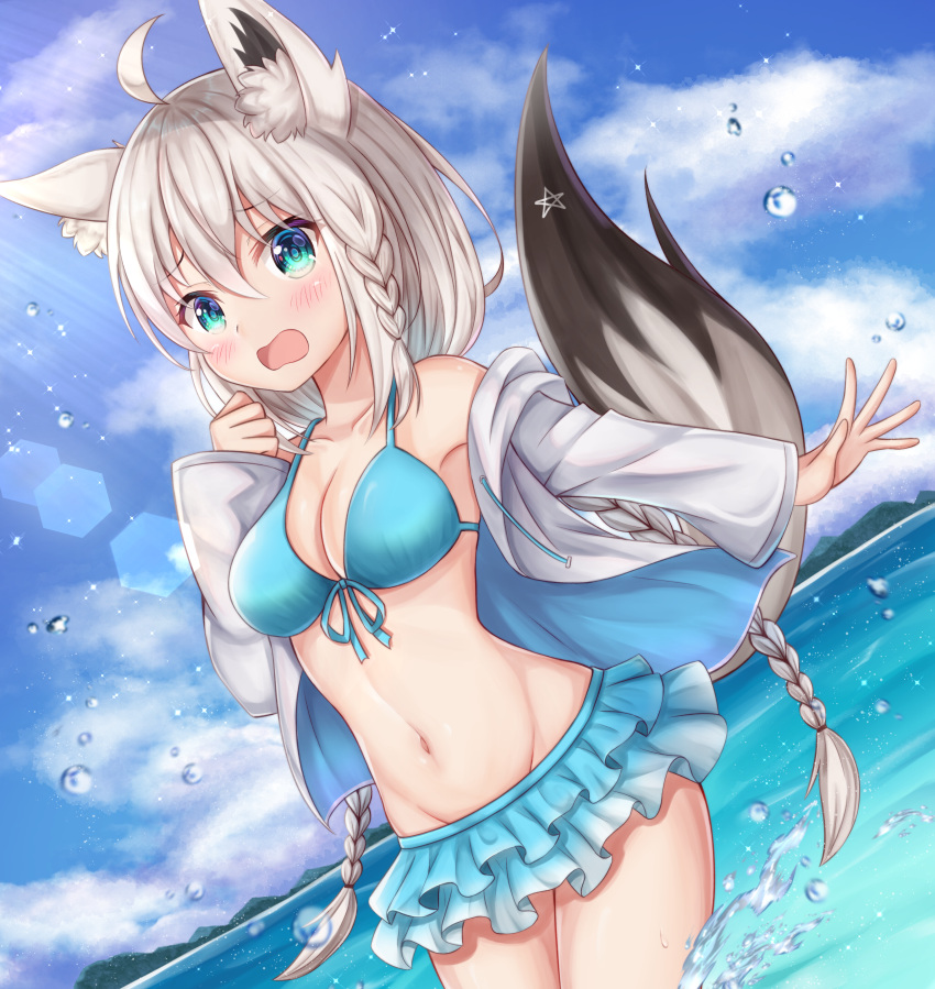 1girl, absurdres, ahoge, animal_ear_fluff, animal_ears, armpits, bangs, bare_shoulders