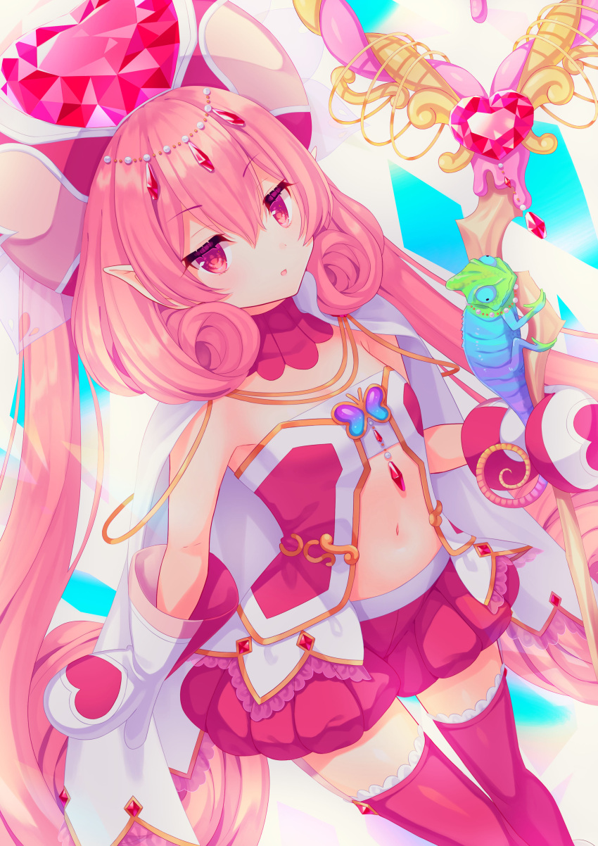 1girl, absurdres, animal, bangs, bare_shoulders, blush, cape, chameleon