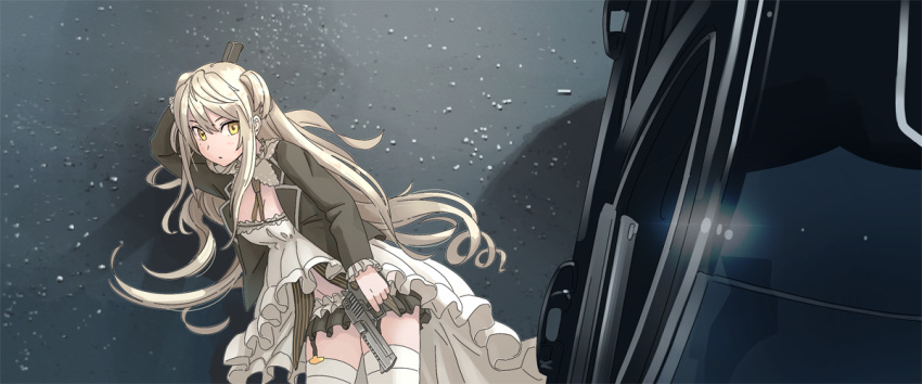 1girl, bangs, black_jacket, black_skirt, blazer, blonde_hair, breasts, car