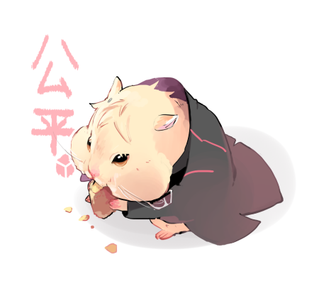 animal, animalization, character_name, clothed_animal, coat, food, hamster, izumi_kouhei, lowres, nishi_swtr, no_humans, solo, uniform, white_background, world_trigger