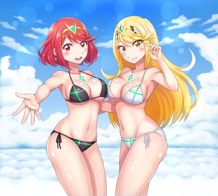 2girls, bikini, black_bikini, blonde_hair, breasts, clouds, cute, eco_832, long_hair, monolith_soft, monster_games, mythra_(xenoblade), nintendo, open_mouth, parted_lips, pyra_(xenoblade), red_eyes, red_hair, short_hair, sky, smile, swimsuit, upper_teeth, white_bikini, xenoblade_(series), xenoblade_2, yellow_eyes