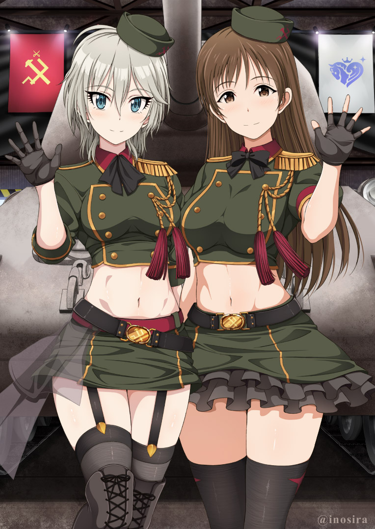 2girls, aiguillette, anastasia_(idolmaster), arm_around_waist, ascot, bangs, belt, black_belt, black_footwear, black_gloves, black_legwear, black_neckwear, blue_eyes, blush, boots, bow, bowtie, brown_eyes, brown_hair, closed_mouth, commentary, cross-laced_footwear, emblem, epaulettes, eyelashes, fingerless_gloves, flag, frilled_skirt, frills, garter_straps, girls_und_panzer, gloves, green_headwear, green_jacket, green_skirt, ground_vehicle, hat, idolmaster, idolmaster_cinderella_girls, indoors, inoshira, jacket, long_hair, looking_at_viewer, microskirt, midriff, military, military_vehicle, mini_hat, miniskirt, motor_vehicle, multiple_girls, nitta_minami, pravda_(emblem), puffy_short_sleeves, puffy_sleeves, short_hair, short_sleeves, silver_hair, skirt, smile, standing, tank, thigh-highs, thigh_boots, twitter_username, vehicle_request, waving