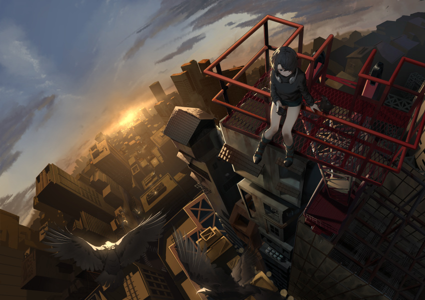 1girl, absurdres, animal, bare_legs, bird, black_hair, boots, building