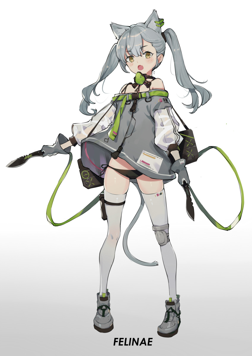 1girl, 523_(user_efcm2455), absurdres, animal_ears, black_panties, boots, brown_eyes, cat_ears, cat_tail, dress, dual_wielding, earrings, eyebrows_visible_through_hair, face_mask, fang, flat_chest, gloves, gradient, gradient_background, grey_dress, grey_gloves, grey_legwear, highres, holding, holster, jewelry, knee_pads, knife, kukri, long_hair, mask, off-shoulder_dress, off_shoulder, open_mouth, original, panties, pigeon-toed, short_dress, side-tie_panties, silver_hair, simple_background, skin_fang, solo, standing, tail, thigh_holster, twintails, underwear, wind, wind_lift