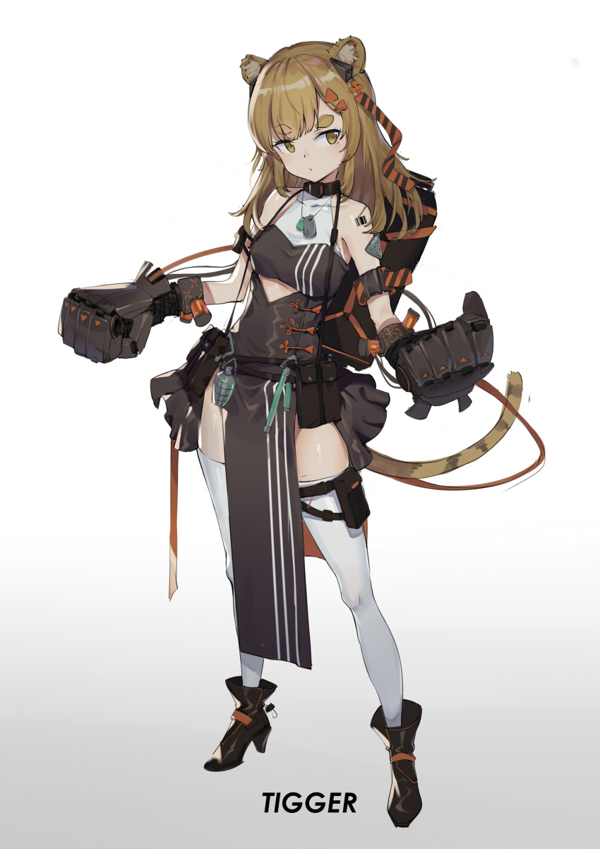 1girl, 523_(user_efcm2455), absurdres, animal_ears, barcode_tattoo, black_dress, breasts, brown_eyes, brown_hair, dog_tags, dress, explosive, eyebrows_visible_through_hair, gauntlets, gradient, gradient_background, grenade, hair_ornament, hairclip, highres, jewelry, long_hair, necklace, original, pelvic_curtain, simple_background, small_breasts, solo, standing, tail, tattoo, thick_eyebrows, thigh-highs, white_legwear