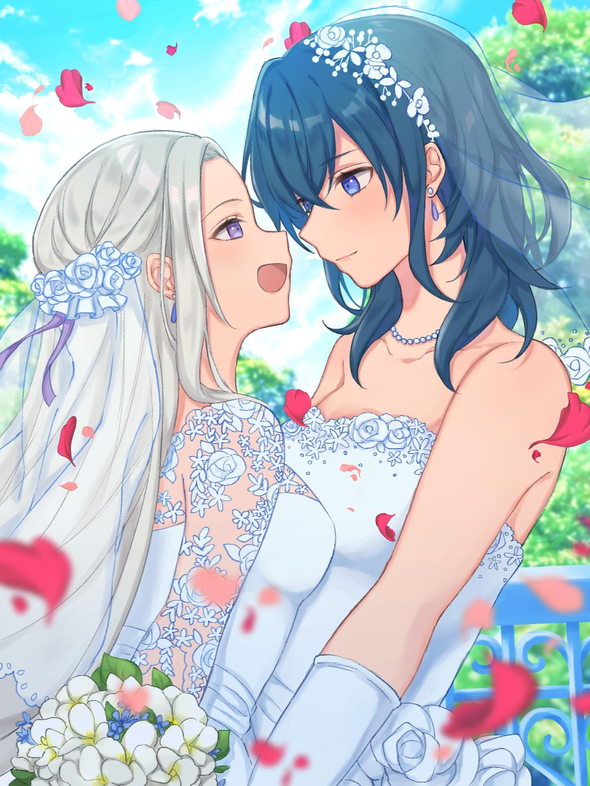 2girls, bare_shoulders, bead_necklace, beads, blue_eyes, blue_sky, blurry, bouquet