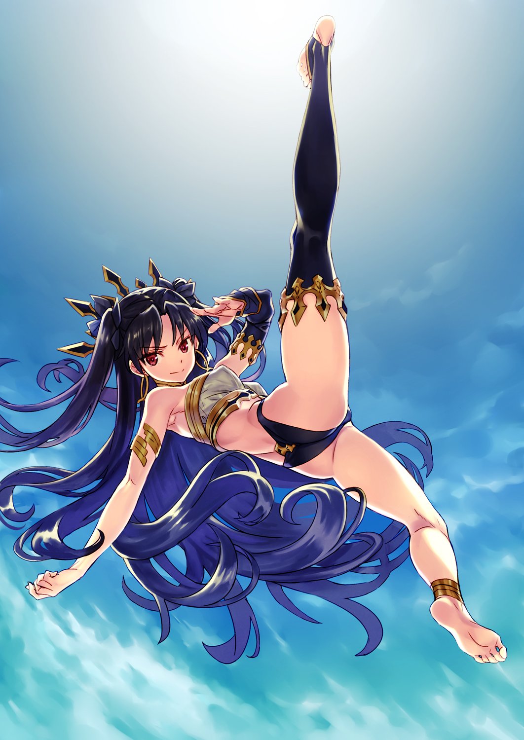 1girl, anklet, armlet, ass, asymmetrical_legwear, asymmetrical_sleeves, bangs, black_bikini_bottom