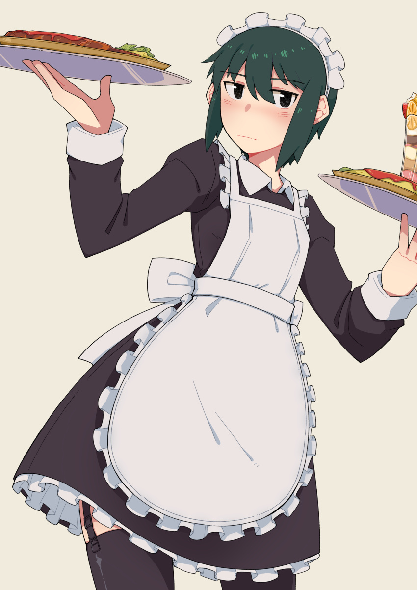 1girl, absurdres, apron, blush, food, garter_belt, garter_straps, headdress, highres, kino, kino_no_tabi, kokuya28, maid, parfait, short_hair, tagme, tray