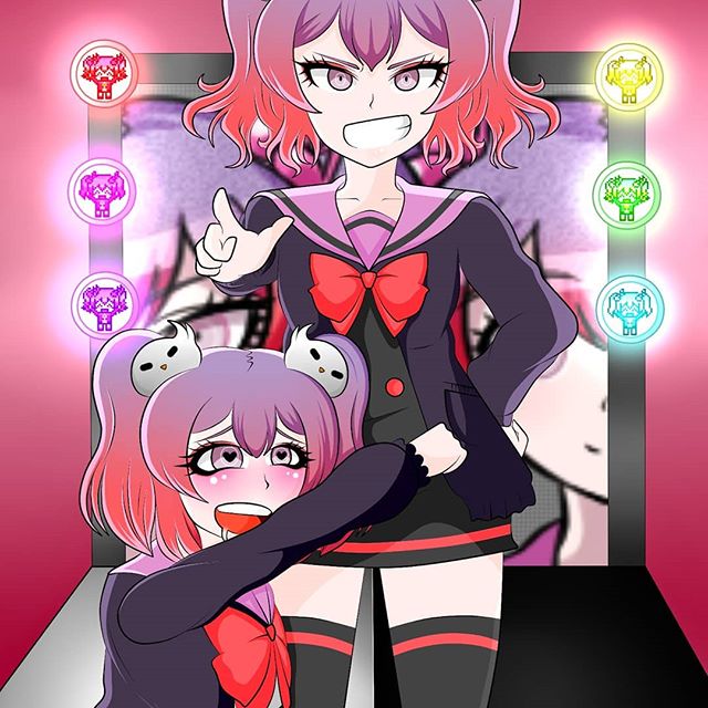 blush, curly_hair, danganronpa_(series), drooling, heart_eyes, hug, lights, monocrow