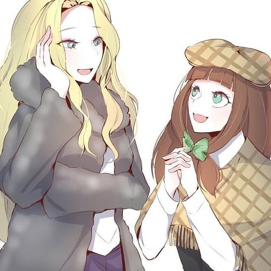 2_girls, blonde_hair, bow, brown_hair, coat, danganronpa_(series), hat, magorobi_emma