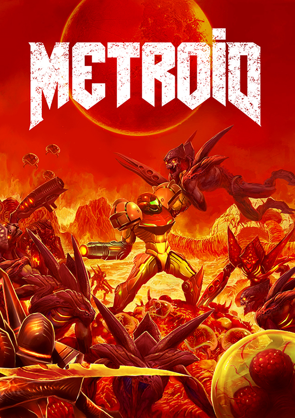 1girl, alien, arm_cannon, armor, battle, breastplate, copyright_name, doom_(game)