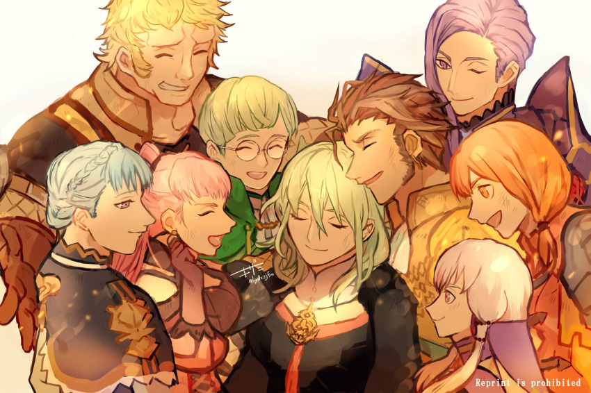 4boys, 5girls, blonde_hair, blue_hair, braid, brown_eyes, brown_gloves, brown_hair, byleth_(fire_emblem), byleth_eisner_(female), claude_von_riegan, closed_eyes, closed_mouth, crown_braid, earrings, fire_emblem, fire_emblem:_three_houses, from_side, glasses, gloves, green_hair, grin, hair_ornament, highres, hilda_valentine_goneril, ignatz_victor, jewelry, ky0xzjfm, leonie_pinelli, long_hair, lorenz_hellman_gloucester, lysithea_von_ordelia, marianne_von_edmund, medium_hair, multiple_boys, multiple_girls, one_eye_closed, open_mouth, orange_eyes, orange_hair, pink_eyes, pink_hair, purple_hair, raphael_kirsten, short_hair, simple_background, smile, twitter_username, violet_eyes, white_background, white_hair