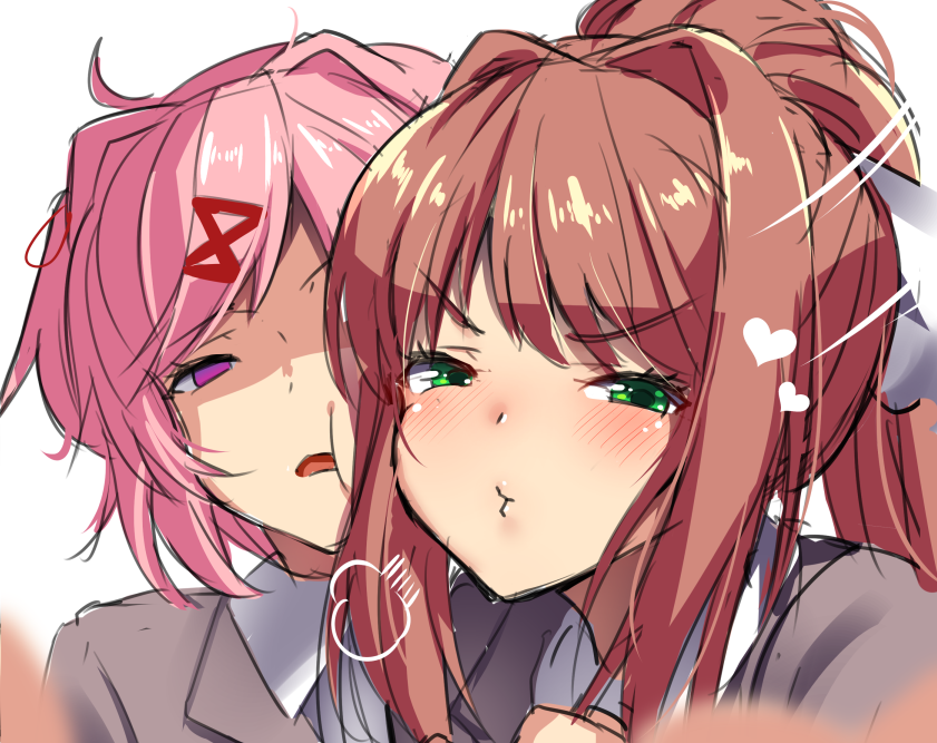 =3, ayagi_daifuku, bangs, blush, brown_hair, cheek_squash, commentary, doki_doki_literature_club