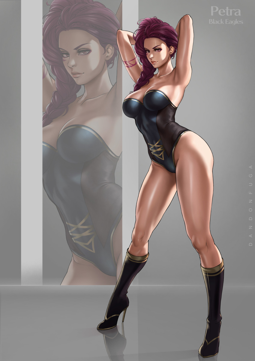 1girl, absurdres, armpits, arms_up, artist_name, bare_shoulders, black_legwear, boots