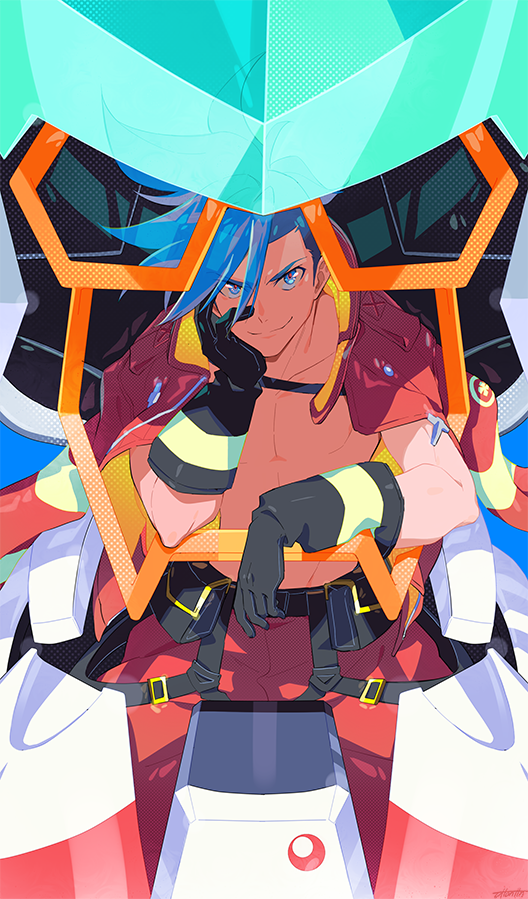 1boy, arms_up, black_gloves, blue_eyes, blue_hair, chest, closed_mouth, collarbone, eyebrows_visible_through_hair, eyes_visible_through_hair, firefighter, galo_thymos, gloves, jacket, leaning, looking_at_viewer, male_focus, open_clothes, ottonttn, pants, promare, red_pants, shadow, shirtless, sitting, smile, solo, spiky_hair