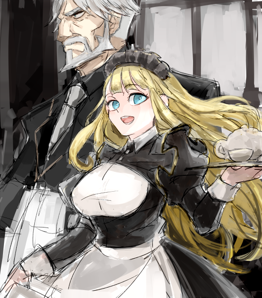 1boy, 1girl, beard, blonde_hair, butler, cup, facial_hair, formal