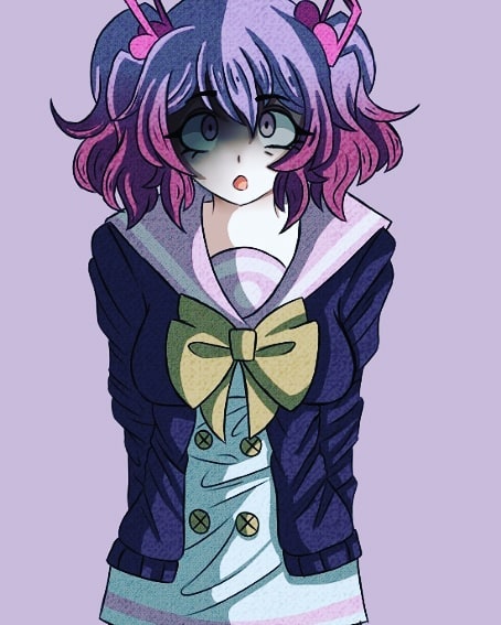 big_breasts, bow, creepy, danganronpa_(series), eighth_note, otonokoji_kanade, purple_hair, redhead