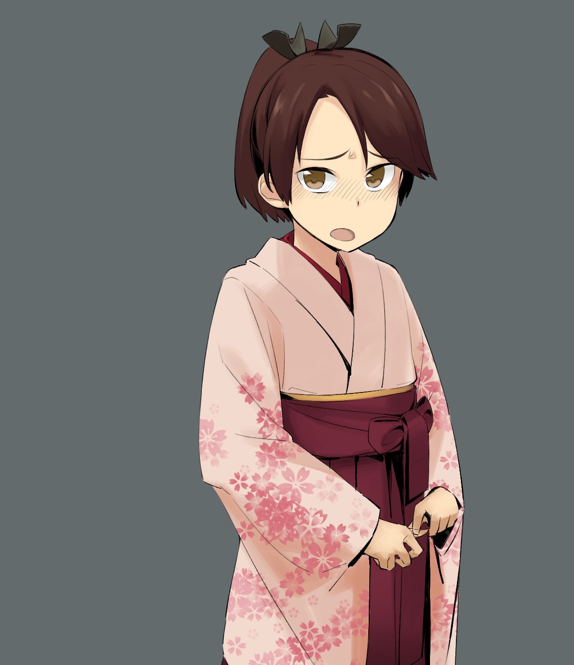 1girl, alternate_costume, black_ribbon, brown_eyes, brown_hair, floral_print, grey_background, hair_ribbon