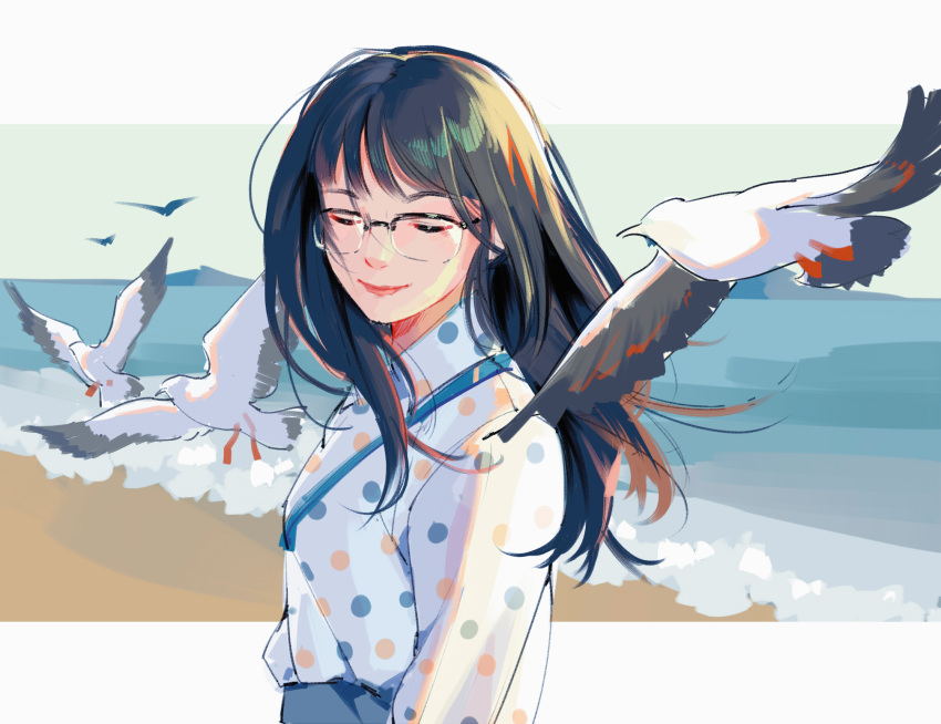 1girl, beach, bird, blue_sky, closed_eyes, day, glasses, highres