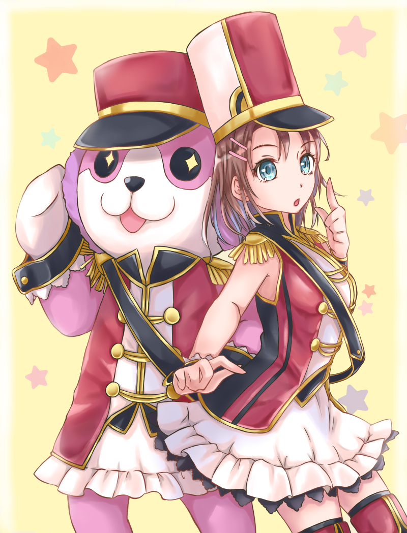 animal_costume, band_uniform, bang_dream!, bear_costume, black_hair, character_hair_ornament, character_print, dj