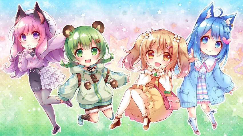 4girls, animal_costume, animal_ear_fluff, animal_ears, animare, bat_ears, bat_ornament, bear_costume