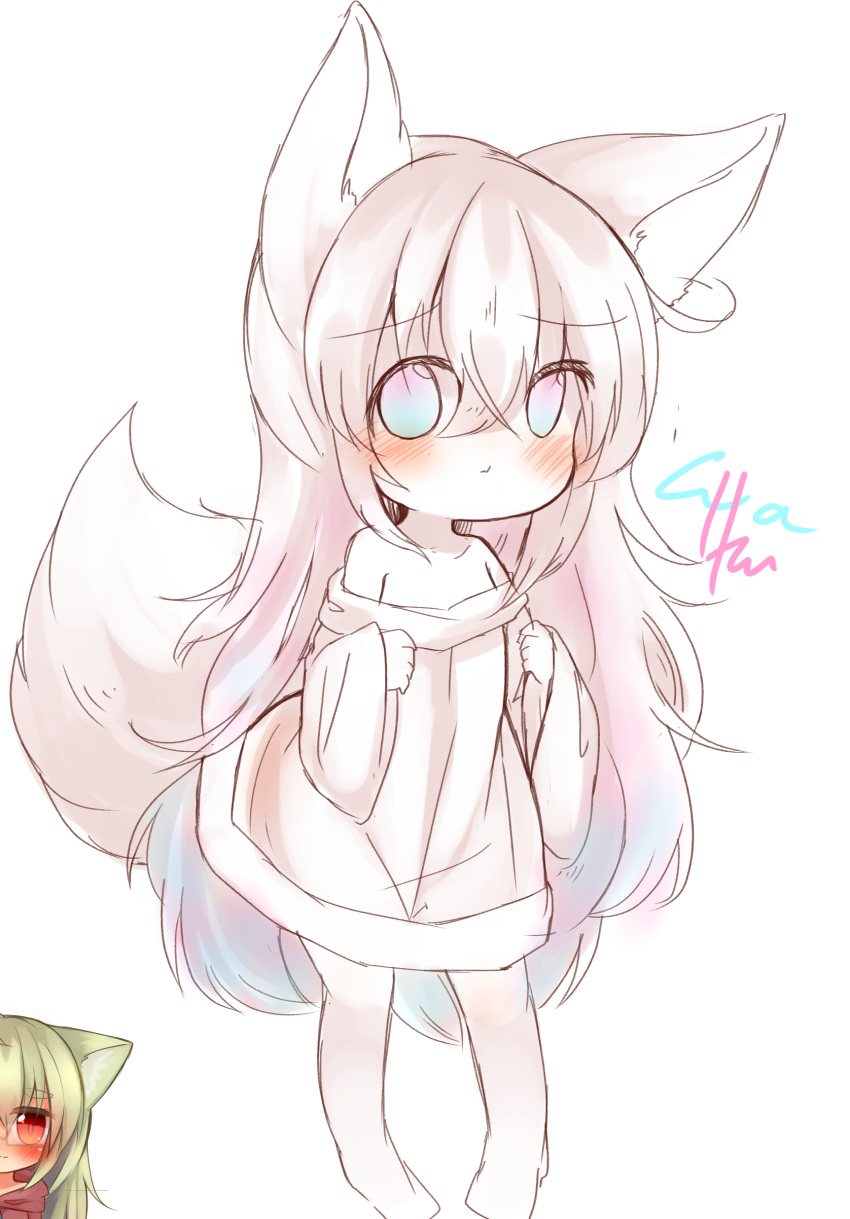 2girls, absurdres, animal_ears, bare_shoulders, blue_eyes, blush, dress, fox_ears