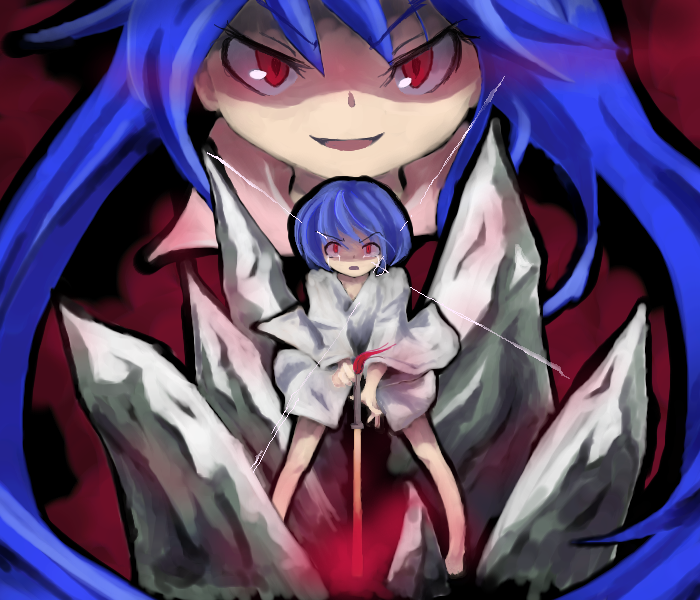 bad_id, barefoot, blue_eyes, blue_hair, dual_persona, hinanawi_tenshi, irodori_shachou, long_hair