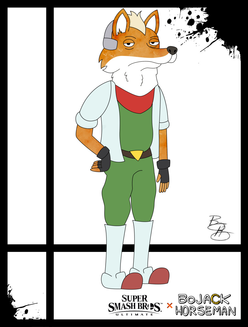 1boy, agronaut_software, animal, artist_name, bandai, black_eyes, bojack_horseman, boots, collar, expressionless, fox, fox_ears, fox_mccloud, fox_tail, furry, green_pants, green_shirt, jacket, looking_at_viewer, male_focus, namco, netflix, nintendo, nintendo_ead, no_humans, parody, q-games, raphael_bob-waksberg_(style), rareware, solo, sora_(company), splatter, star_fox, style_parody, super_smash_bros., super_smash_bros._ultimate, super_smash_bros_64, ubisoft, white_jacket, xeternalflamebryx