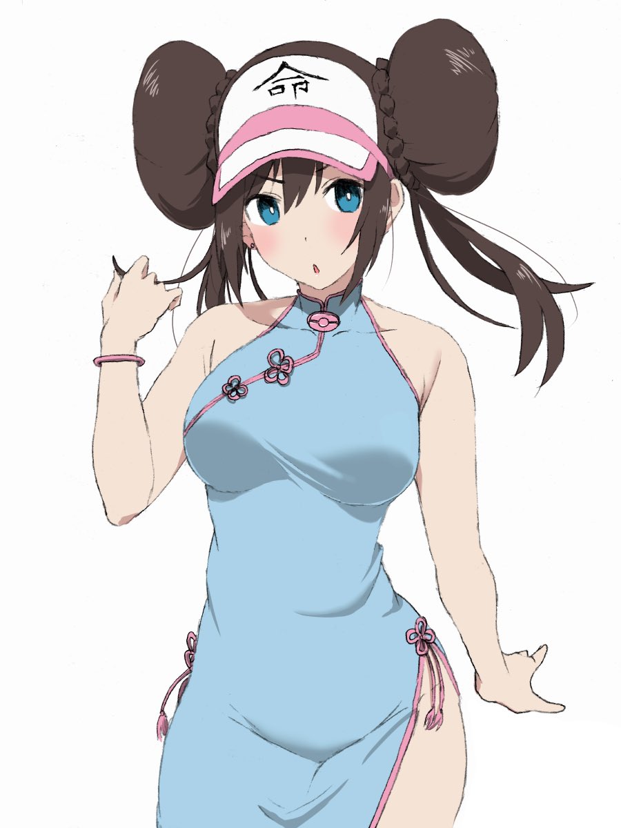1girl, :o, alternate_costume, bare_shoulders, blue_dress, blue_eyes, blush, braid, breasts, brown_hair, china_dress, chinese_clothes, cowboy_shot, creatures_(company), cute, double_bun, dress, game_freak, hair_bun, hair_twirling, half-closed_eyes, highres, keeboo129, looking_at_viewer, low_twintails, medium_breasts, mei_(pokemon), moe, nintendo, olm_digital, open_mouth, pokemon, pokemon_(anime), pokemon_(game), pokemon_bw2, simple_background, sleeveless, sleeveless_dress, solo, twin_braids, twintails, white_background