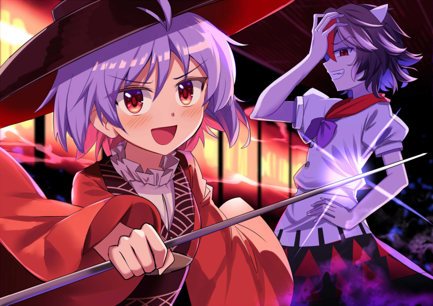 2girls, :d, antenna_hair, arm_up, bangs, black_hair, black_headwear, black_sash, blush, bow, bowl, bowl_hat, commentary_request, cowboy_shot, dress, e.o., eyebrows_visible_through_hair, glint, grin, hair_between_eyes, hand_in_hair, hand_on_hip, hat, holding, holding_sword, holding_weapon, horns, indoors, japanese_clothes, kijin_seija, kimono, long_sleeves, looking_at_viewer, multicolored_hair, multiple_girls, needle_sword, obi, open_mouth, profile, puffy_short_sleeves, puffy_sleeves, purple_bow, purple_hair, red_eyes, red_kimono, redhead, sash, short_hair, short_sleeves, smile, standing, streaked_hair, sukuna_shinmyoumaru, sword, touhou, upper_body, weapon, white_dress, white_hair, wide_sleeves