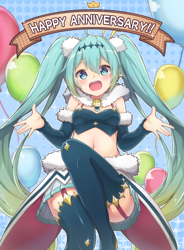 1girl, amulet, anniversary, aqua_eyes, aqua_hair, b.c, balloon, cape