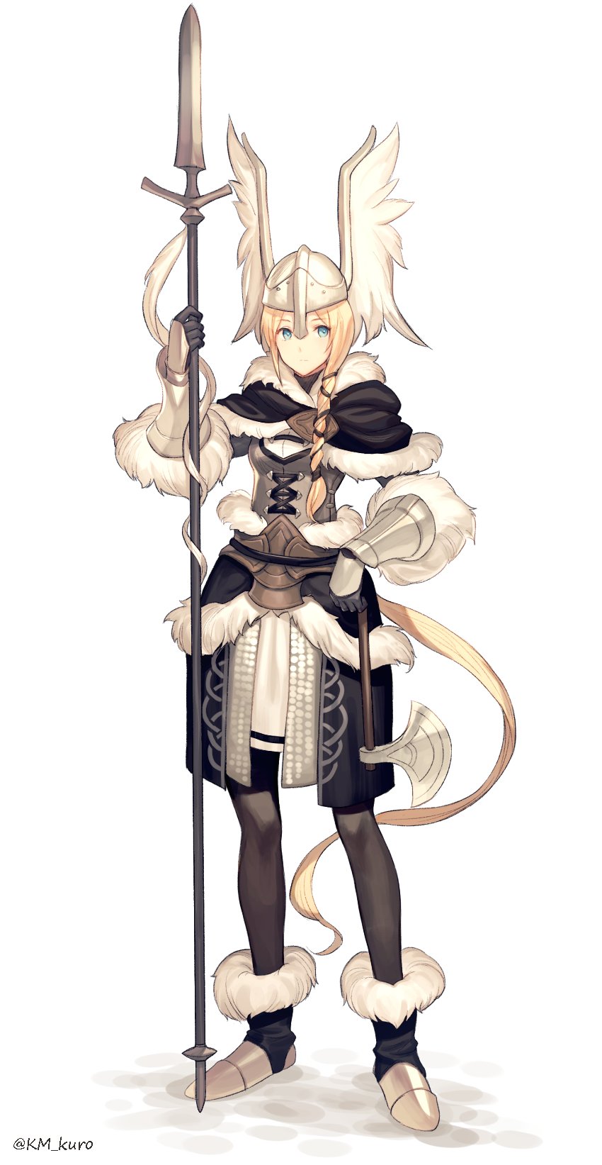 1girl, armor, armored_boots, axe, blonde_hair, blue_eyes, boots, braid