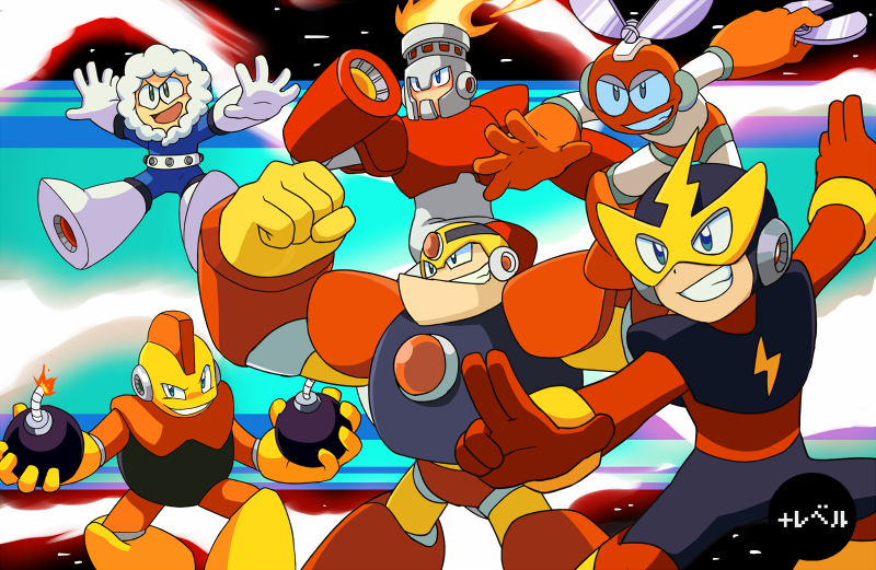 6+boys, android, arm_cannon, blue_eyes, bomb, bombman, cutman, elecman