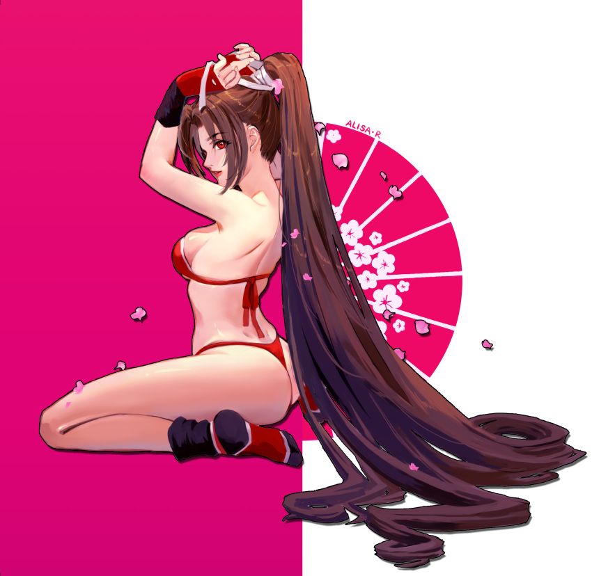 1girl, alisa_(7320818), arm_guards, arms_up, ass, bare_shoulders, bikini, black_footwear
