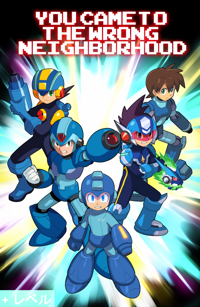5boys, android, arm_cannon, blue_eyes, bodysuit, brown_hair, capcom, crossover, final_smash, frown, green_eyes, helmet, hoshikawa_subaru_(rockman), humanoid_robot, mega_man_(character), mega_man_(classic), mega_man_(series), mega_man_x_(series), megaman_(game), multiple_boys, multiple_persona, official_style, rinji_(bonus-level), robot, robot_boy, rock_volnutt, rockman, rockman_(character), rockman_(classic), rockman_dash, rockman_exe, rockman_exe_(character), rockman_x, ryuusei_no_rockman, spiky_hair, super_smash_bros., visor, weapon, x_(mega_man), x_(rockman)